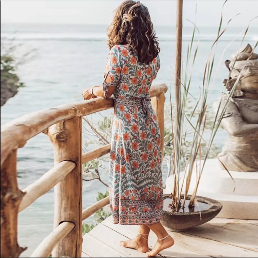 Bohemian Gypsy Floral Print Dress Tie Sleeve Slit - Picture 8 of 15